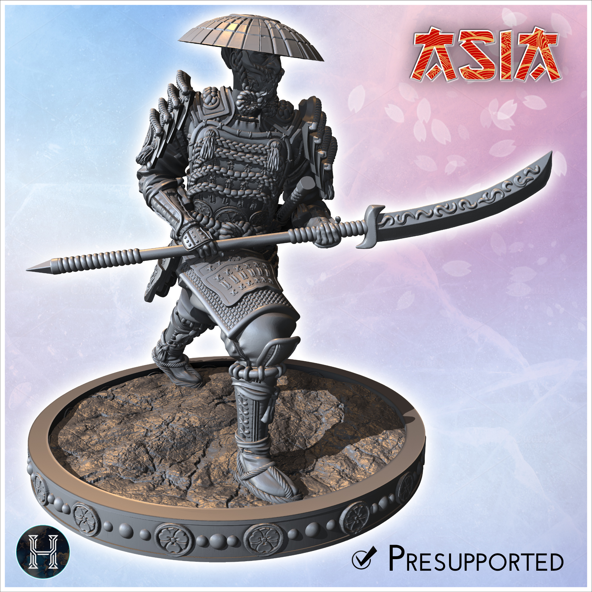 Samurai warrior holding a spear, wearing full armor and a large hat (5) - Asian Asia Oriental Angkor Ninja Traditionnal RPG Mini